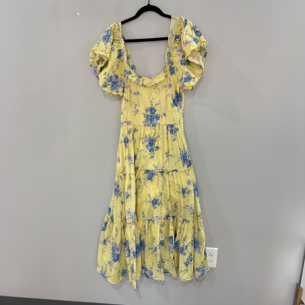 LoveShackFancy Dress Emory Midi in Yellow Blue Floral - Picture 5 of 6